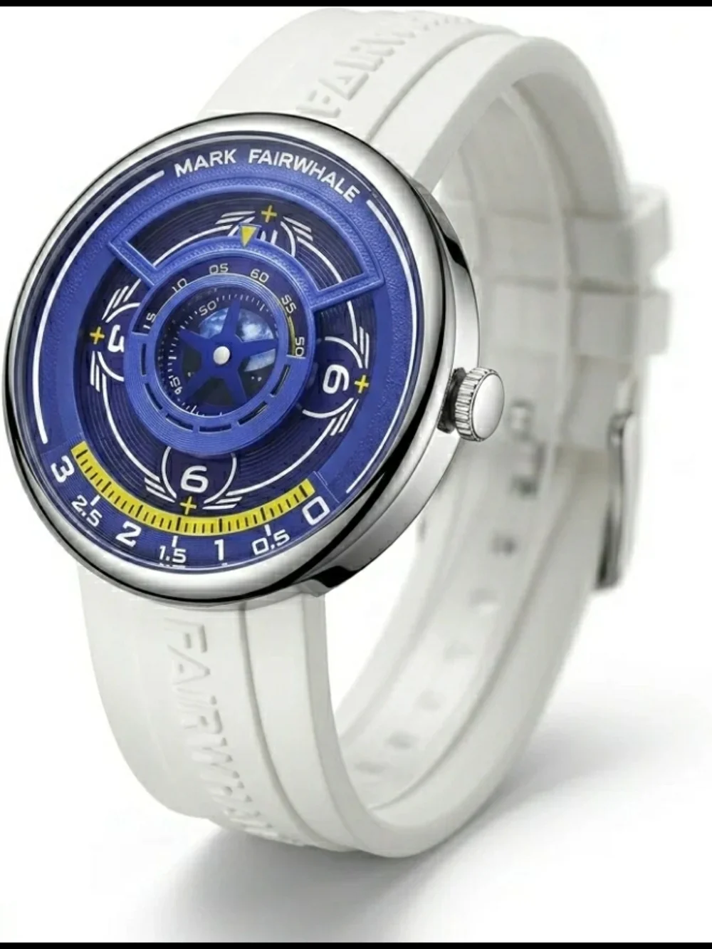 MARK FAIRWHALE Men's Personality Blue Dial Casual Sports Hollow Out White Strap